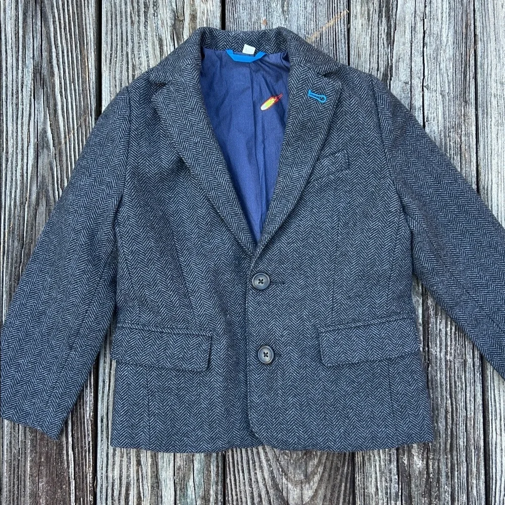 Boden Boys Gray Herringbone Blazer Jacket Blue Lined Size 4 5  school pictures